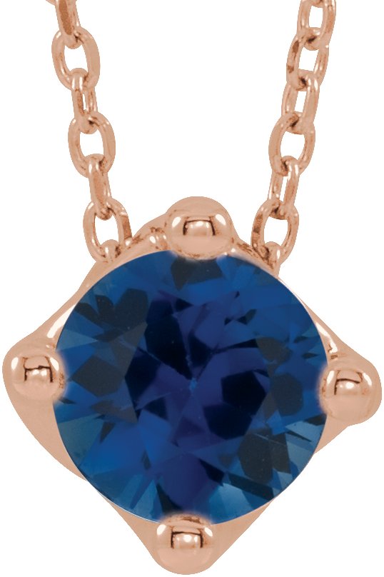 14K Gold Round Natural Blue Sapphire Solitaire Necklace or Slide Pendant - Rose Gold
