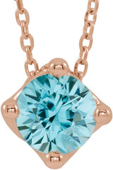 14K Gold Round Natural Blue Zircon Solitaire Necklace or Slide Pendant - Rose Gold