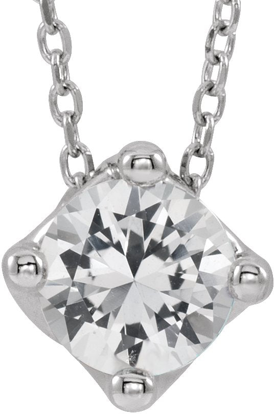 14K Gold Round Natural White Sapphire Solitaire Necklace or Slide Pendant - White Gold