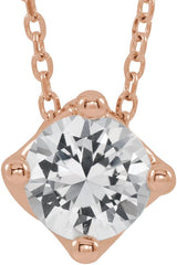 14K Gold Round Natural White Sapphire Solitaire Necklace or Slide Pendant - Rose Gold