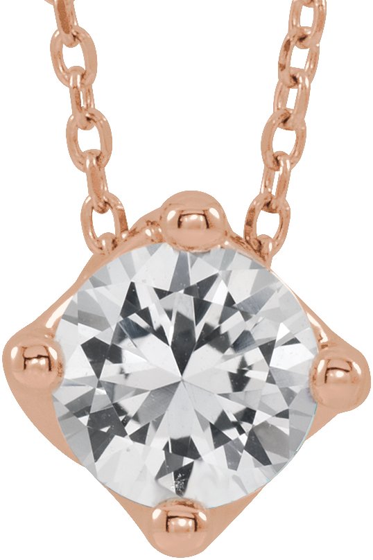 14K Gold Round Natural White Sapphire Solitaire Necklace or Slide Pendant - Rose Gold