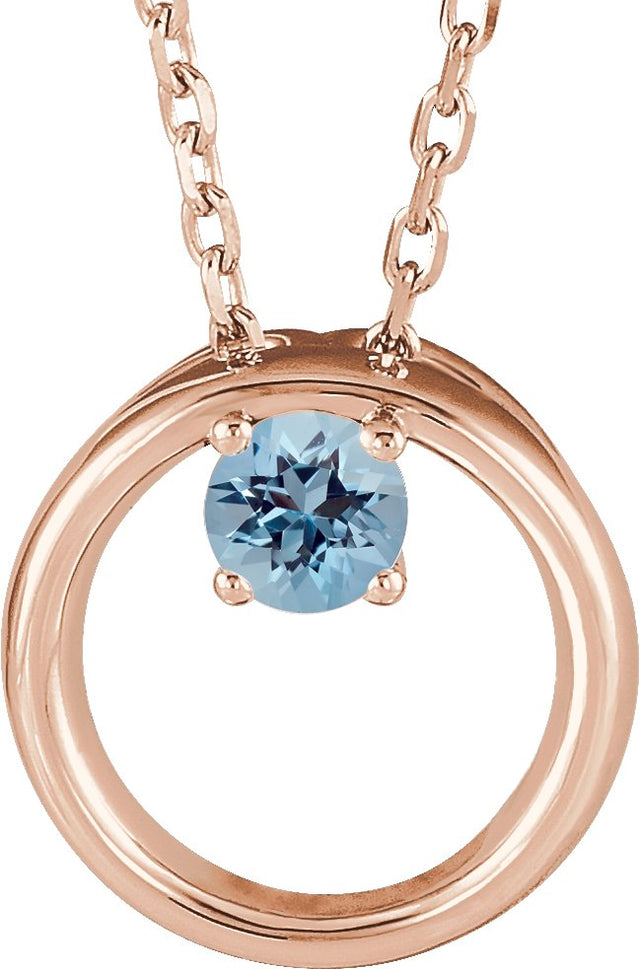 14K Gold Round Natural Aquamarine Circle Necklace - Rose Gold