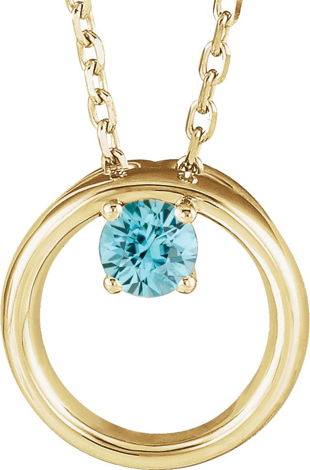 14K Gold Round Natural Blue Zircon Circle Necklace - Yellow Gold