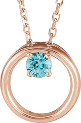 14K Gold Round Natural Blue Zircon Circle Necklace - Rose Gold