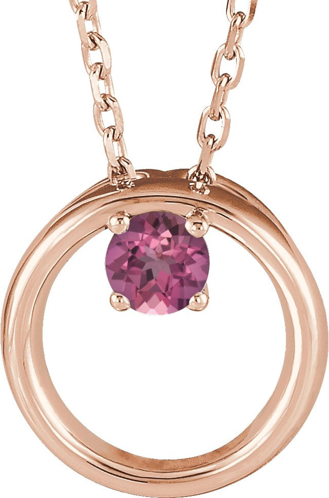 14K Gold Round Natural Pink Tourmaline Circle Necklace - Rose Gold
