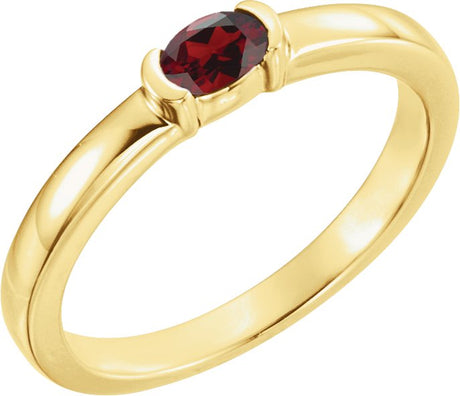 14K Gold Oval Natural Mozambique Garnet Half-Bezel Family Stackable Ring - Yellow Gold