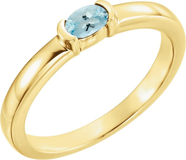 14K Gold Oval Natural Aquamarine Half-Bezel Family Stackable Ring - Yellow Gold