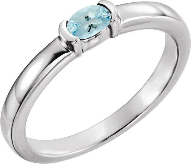 14K Gold Oval Natural Aquamarine Half-Bezel Family Stackable Ring - White Gold