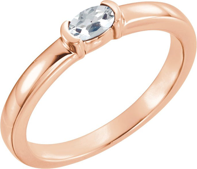 14K Gold Oval Natural White Sapphire Half-Bezel Family Stackable Ring - Rose Gold