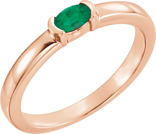 14K Gold Oval Natural Emerald Half-Bezel Family Stackable Ring - Rose Gold