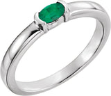 14K Gold Oval Natural Emerald Half-Bezel Family Stackable Ring - White Gold