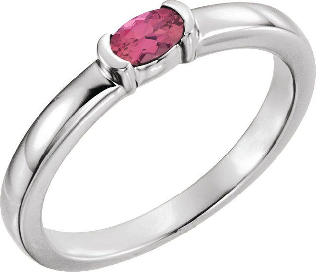 14K Gold Oval Natural Pink Tourmaline Half-Bezel Family Stackable Ring - White Gold - view 2