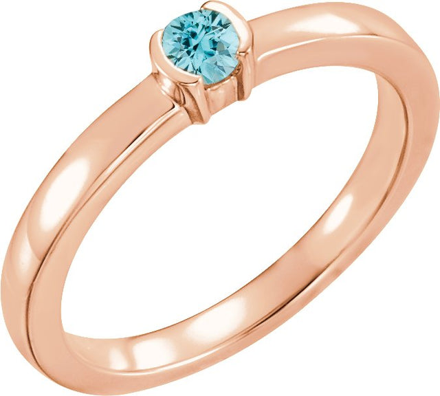 14K Gold Round Natural Blue Zircon Half-Bezel Family Stackable Ring - Rose Gold - view 2