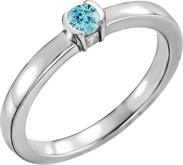 14K Gold Round Natural Blue Zircon Half-Bezel Family Stackable Ring - White Gold - view 2