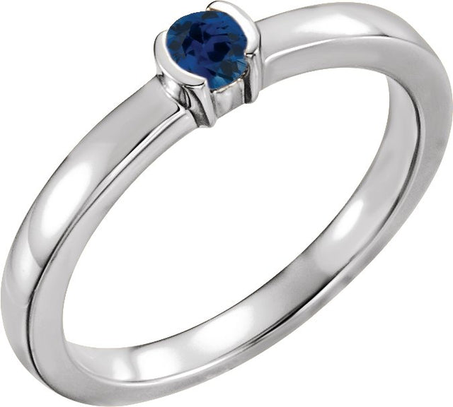 14K Gold Round Lab-Grown Blue Sapphire Half-Bezel Family Stackable Ring - White Gold