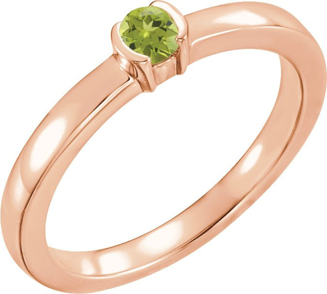 14K Gold Round Natural Peridot Half-Bezel Family Stackable Ring - Rose Gold