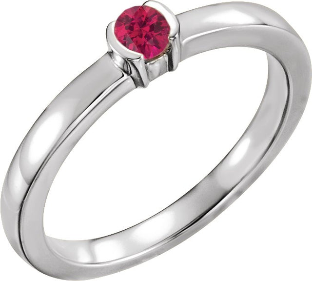 14K Gold Round Lab-Grown Ruby Half-Bezel Family Stackable Ring - White Gold