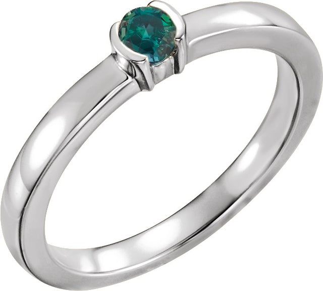 14K Gold Round Natural Alexandrite Half-Bezel Family Stackable Ring - White Gold