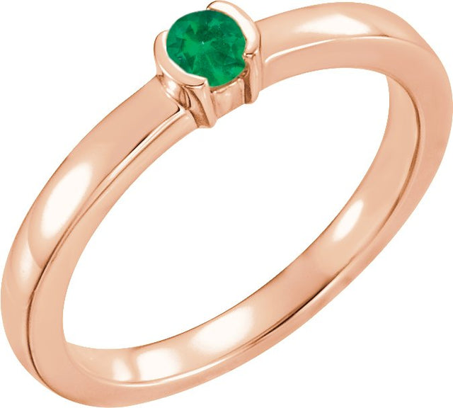 14K Gold Round Lab-Grown Emerald Half-Bezel Family Stackable Ring - Rose Gold