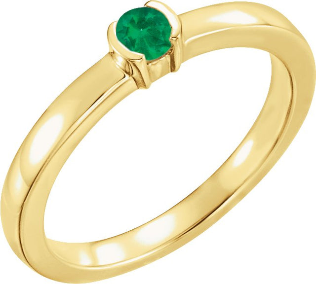 14K Gold Round Natural Emerald Half-Bezel Family Stackable Ring - Yellow Gold