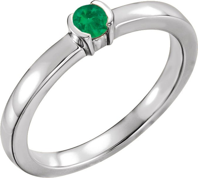 14K Gold Round Natural Emerald Half-Bezel Family Stackable Ring - White Gold