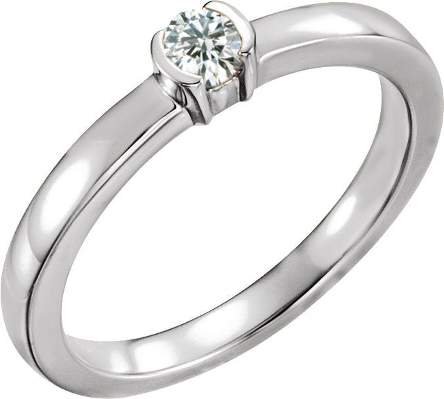 14K Gold Round Natural White Sapphire Half-Bezel Family Stackable Ring - White Gold