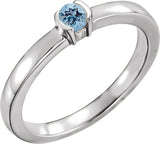 14K Gold Round Natural Aquamarine Half-Bezel Family Stackable Ring - White Gold