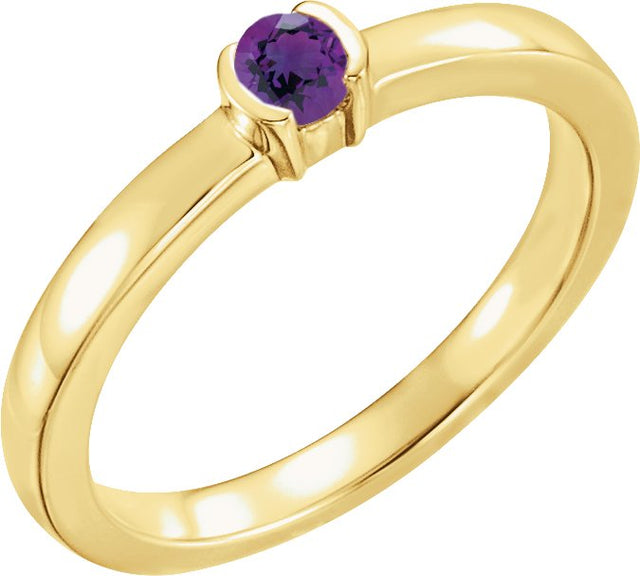 14K Gold Round Natural Amethyst Half-Bezel Family Stackable Ring - Yellow Gold