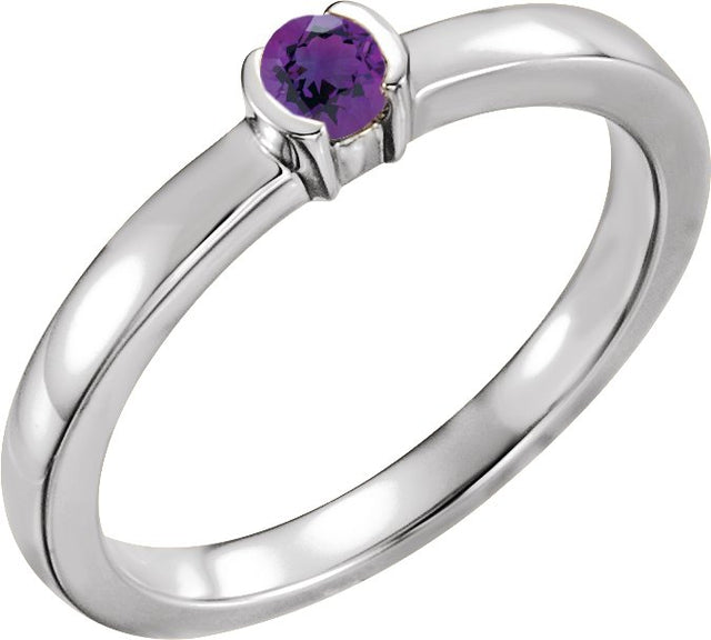 14K Gold Round Natural Amethyst Half-Bezel Family Stackable Ring - White Gold