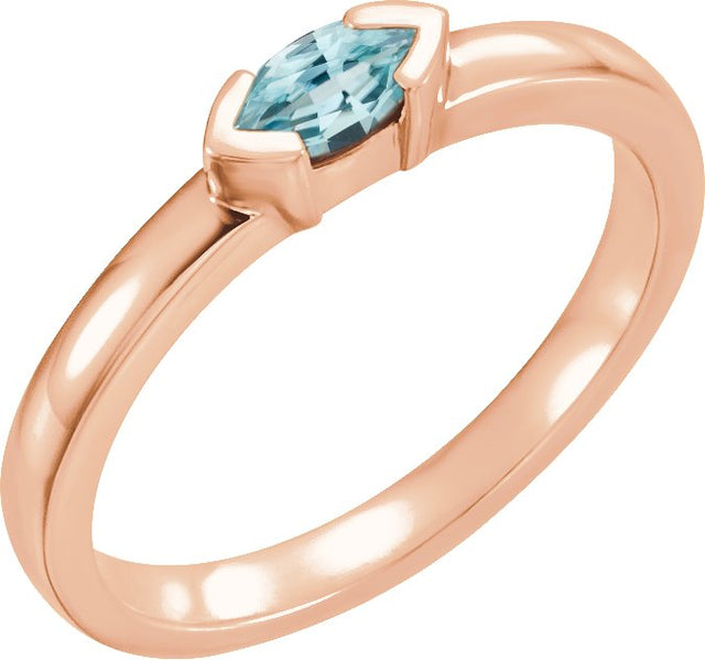14K Gold Emerald Natural Blue Zircon Half-Bezel Family Stackable Ring - Rose Gold