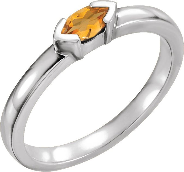 14K Gold Emerald Natural Citrine Half-Bezel Family Stackable Ring - White Gold