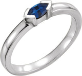 14K Gold Marquise Natural Blue Sapphire Half-Bezel Family Stackable Ring - White Gold