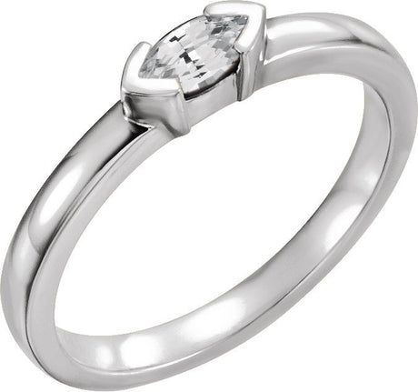 14K Gold Marquise Natural White Sapphire Half-Bezel Family Stackable Ring - White Gold