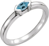 14K Gold Emerald Natural Aquamarine Half-Bezel Family Stackable Ring - White Gold