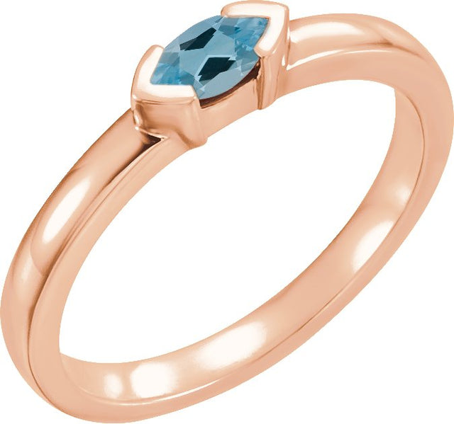 14K Gold Emerald Natural Aquamarine Half-Bezel Family Stackable Ring - Rose Gold