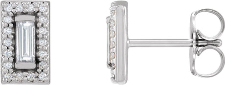 14K Gold Straight Baguette Natural Diamond Halo-Style Earrings - White Gold