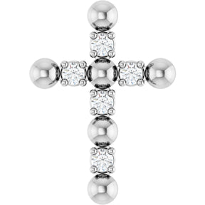 Platinum Round Natural Diamond Beaded Cross Necklace or Pendant
