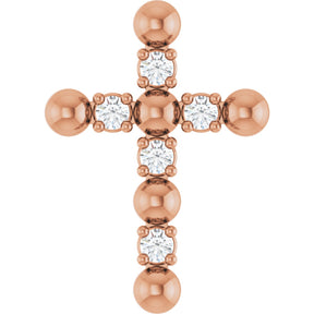 14K Gold Round Natural Diamond Beaded Cross Necklace or Pendant - Rose Gold