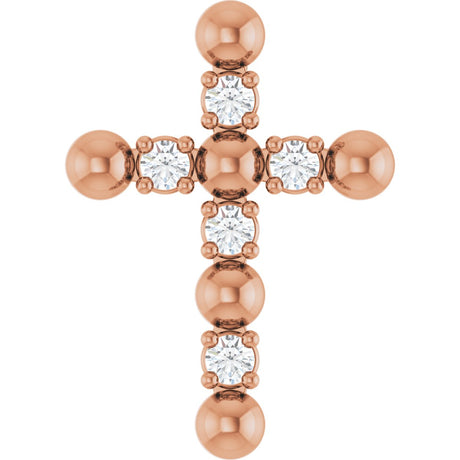 14K Gold Round Natural Diamond Beaded Cross Necklace or Pendant - Rose Gold