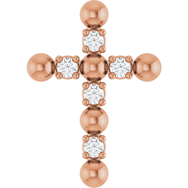 14K Gold Round Natural Diamond Beaded Cross Necklace or Pendant - Rose Gold