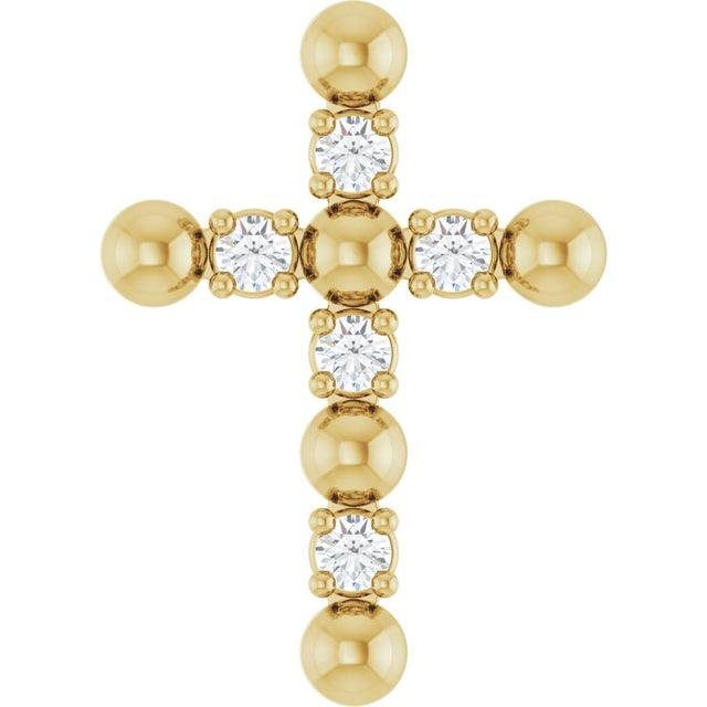 14K Gold Round Natural Diamond Beaded Cross Necklace or Pendant - Yellow Gold