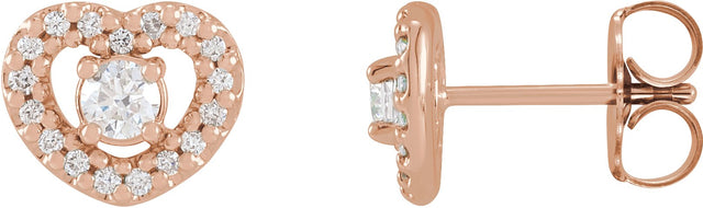 14K Gold Round Natural Diamond Halo-Style Heart Earrings - Rose Gold