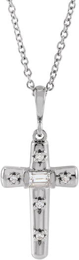 Platinum Straight Baguette Natural Diamond Accented Cross Necklace or Pendant