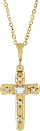 14K Gold Straight Baguette Natural Diamond Accented Cross Necklace or Pendant - Yellow Gold