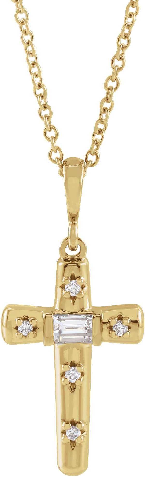 14K Gold Straight Baguette Natural Diamond Accented Cross Necklace or Pendant - Yellow Gold