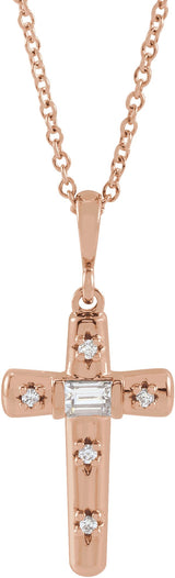 14K Gold Straight Baguette Natural Diamond Accented Cross Necklace or Pendant - Rose Gold