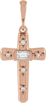 14K Gold Straight Baguette Natural Diamond Accented Cross Necklace or Pendant - Rose Gold