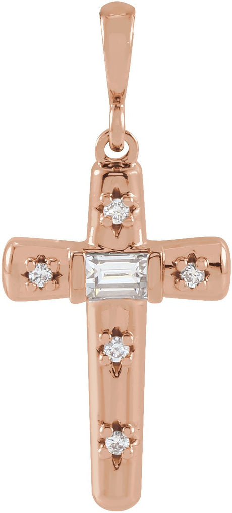 14K Gold Straight Baguette Natural Diamond Accented Cross Necklace or Pendant - Rose Gold