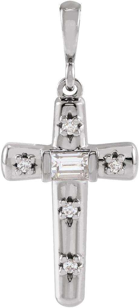 14K Gold Straight Baguette Natural Diamond Accented Cross Necklace or Pendant - White Gold