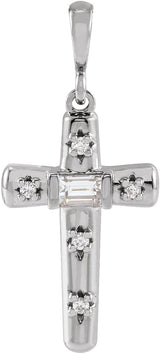 Platinum Straight Baguette Natural Diamond Accented Cross Necklace or Pendant